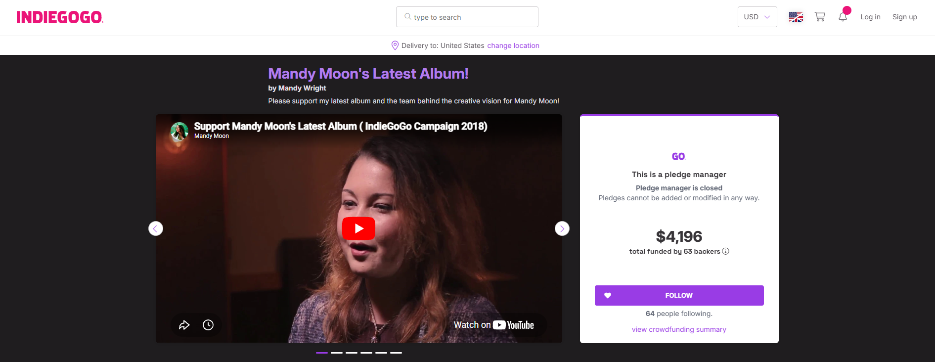 Indiegogo campaign dashboard showing Mandy's Passing Through campaign exceeded its goal.